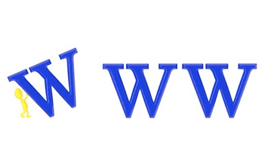 3d yellow character pushing a albhabet w to other albhabets to form www word