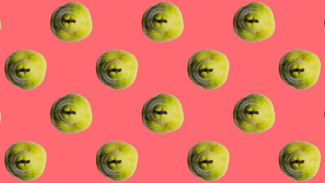 Pears in seamless loop pattern on a coral background. Exotic fruits in seamless loop animation. Endless food motion graphic background