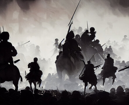 An equestrian battle at sunset. Silhouette of horsemen with swords and sabers. Historical reconstruction.