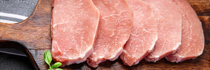 raw pork fresh cuts of meat steak slices fresh delicious snack healthy meal food snack diet on the table copy space food background rustic top view