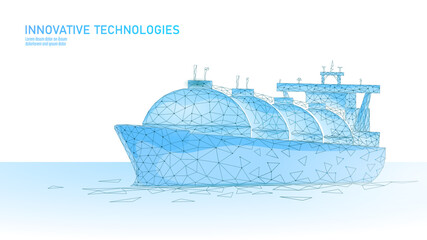 Tanker ship liquified gas transportation symbol. 3D low poly industrial oil refinery technology. Delivery petrol fuel cargo. Ocean LPG tank propane vector illustration