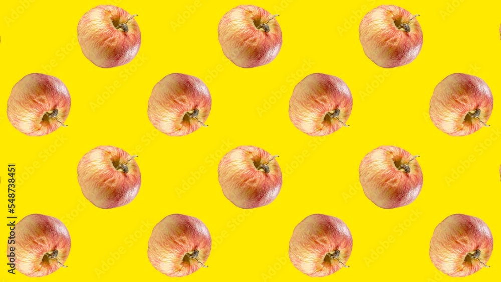 Poster rotten apples in geometric grid in seamless loop pattern on a yellow background. exotic fruits in se