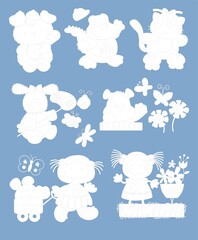 Background of set of pets, dog, girl, flowers, baby fashion, animals, rapport stamp, puppies, 