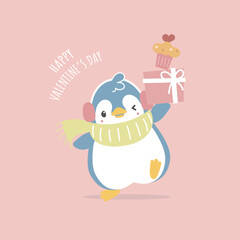 cute and lovely hand drawn penguin holding gift and cupcake with heart, happy valentine's day, love concept, flat vector illustration cartoon character costume design