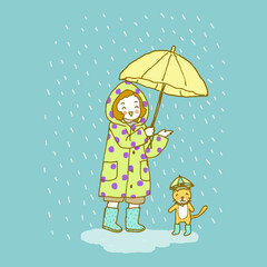 Boy wearing raincoat and holding umbrella with cat. Blue background.