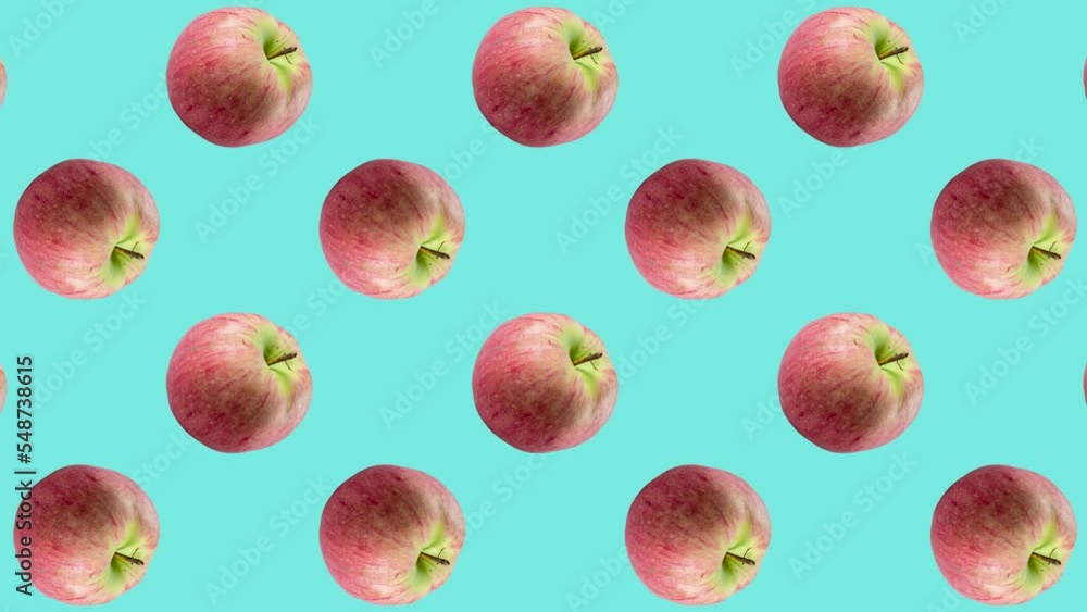 Poster red apples in geometric grid in seamless loop pattern on a light blue background. exotic fruits in s