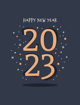 Happy new year, 2023 festive card template with numbers, sparkles and stars. Vector llustration in flat style