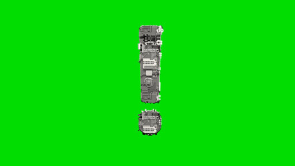 exclamation point, silver cyber metal scrap digital font on green, isolated - object 3D illustration