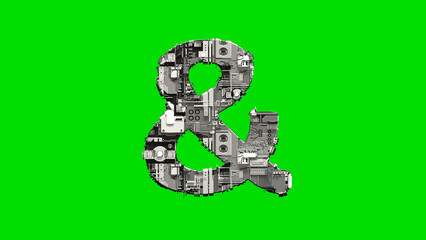 ampersand, silver cyber metal scrap digital alphabet on green, isolated - object 3D illustration