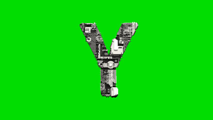 letter Y, silver cyber scrap metal digital alphabet on green, isolated - object 3D illustration