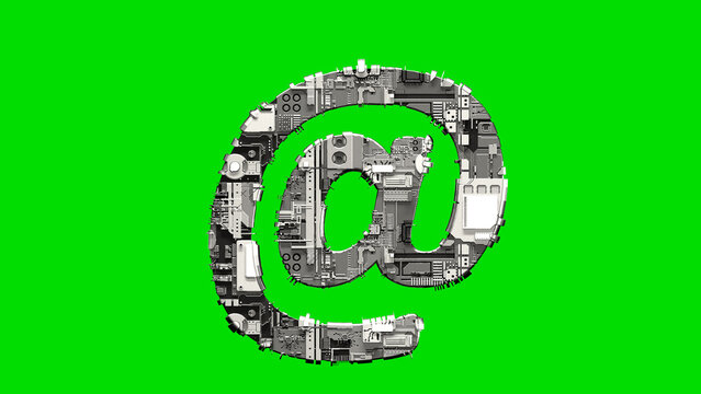 at sign, silver cyber scrap metal digital alphabet on green, isolated - object 3D rendering