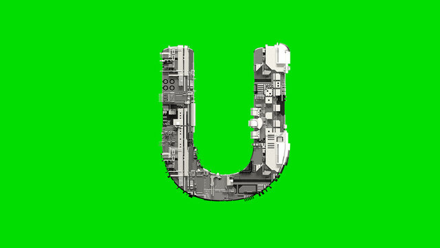 letter U, silver cyber scrap metal digital font on green, isolated - object 3D illustration