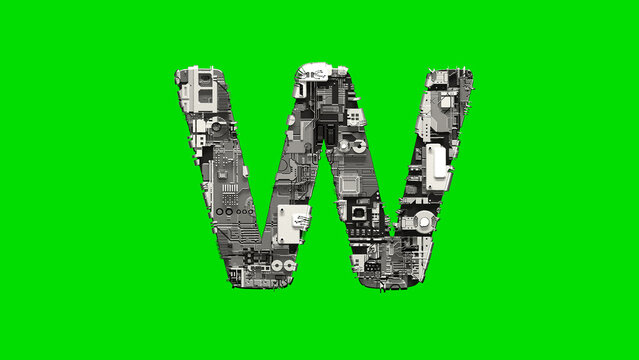 letter W, silver cyber scrap metal digital alphabet on green, isolated - object 3D rendering