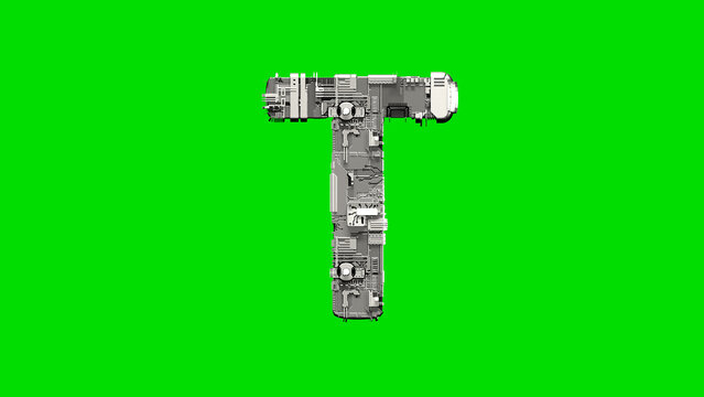 letter T, silver cyber metal scrap digital alphabet on green, isolated - object 3D illustration