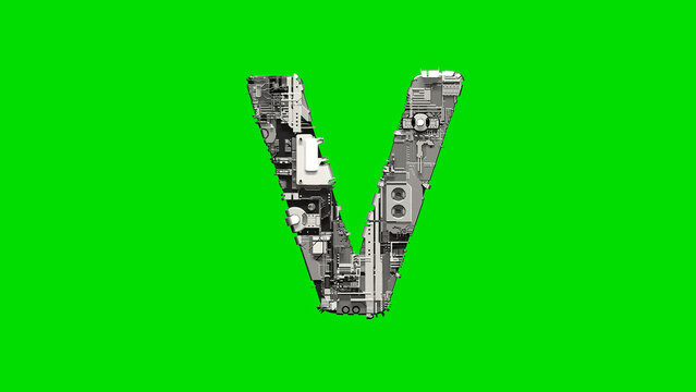 letter V, silver cyber metal scrap digital font on green, isolated - object 3D rendering