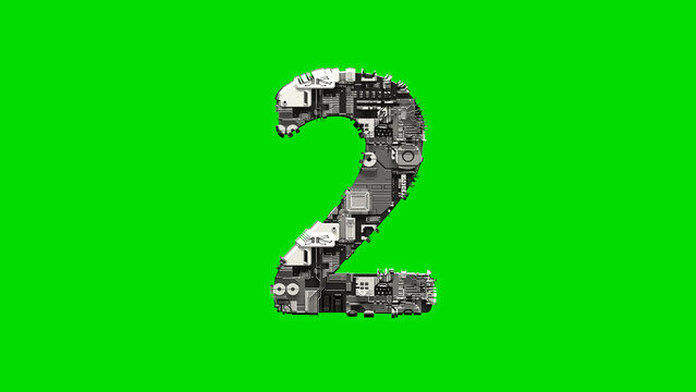 number 2, silver cyber metal scrap digital alphabet on green, isolated - object 3D illustration