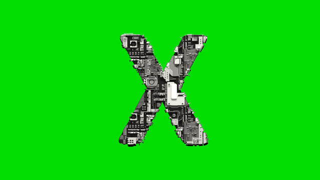 letter X, silver cyber metal scrap digital alphabet on green, isolated - object 3D rendering
