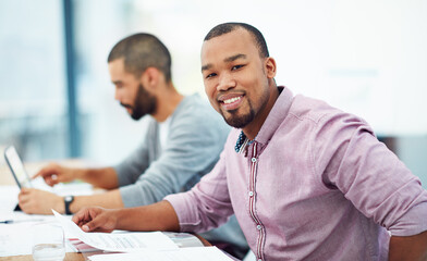 Businessman, documents and smile at desk with coworker in financial planning, analysis and...
