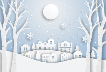 Winter Snow Urban Countryside Landscape City Village with full moon, Happy new year and Merry christmas, paper art and digital.