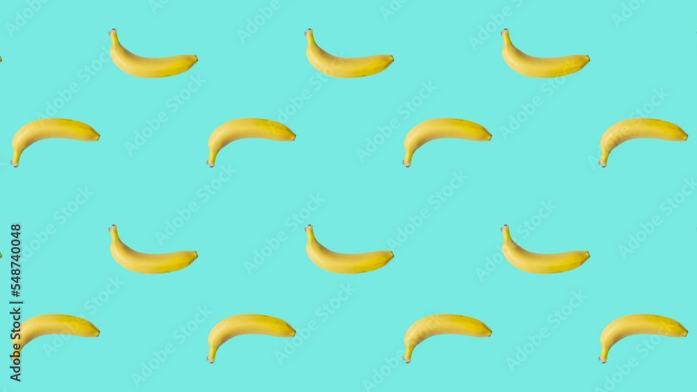 Poster seamless loop pattern with bananas on a pale blue background. exotic fruits in seamless loop animati