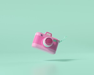 camera 3 d icon in trendy colors with lens and button On a green background. Realistic 3 d rendered illustration in a minimalistic cartoon style.
