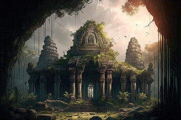 AI generated image of an ancient ruined Hindu temple in a forest, covered with moss and vegetation 