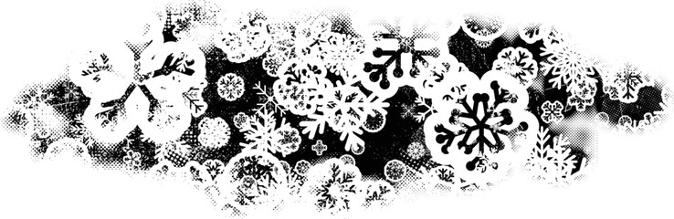 Grunge texture with snowflakes. Useful for social media, banners, Christmas cards, brochures, templates. Overlay texture made with snow flakes and halftone dots. Vector