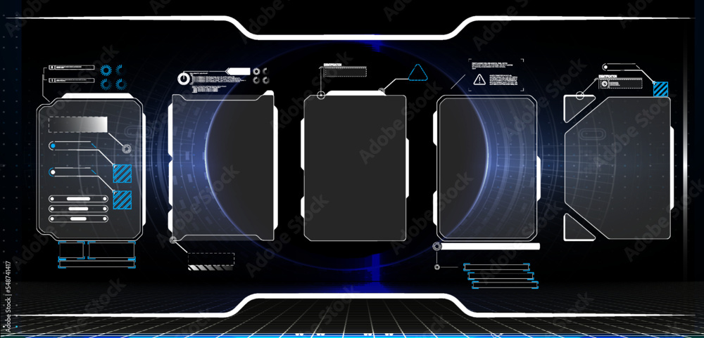 Poster ui/ux futuristic hud, fui, callouts titles and frame in sci- fi style futuristic user interface elem