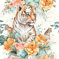 watercolor tiger with floral motifs, a seamless pattern for fabrics, pillows, canvas, banners and clothes. ready to print