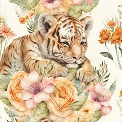 Fototapeta na wymiar watercolor tiger with floral motifs, a seamless pattern for fabrics, pillows, canvas, banners and clothes. ready to print