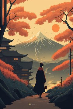 Japanese Temple In The Morning Woodblock Art.