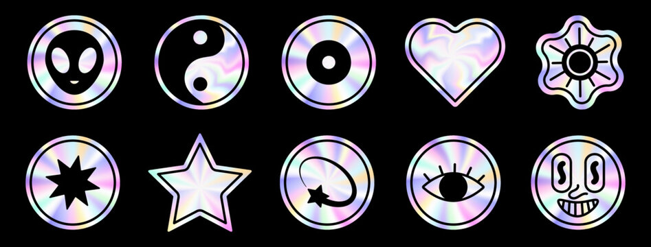 Holographic sticker set in a trendy y2k style.Vector Graphic with textured foil effect.