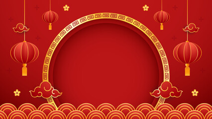 Happy Chinese new year 2023. Chinese new year banner with circle for show product. Greeting card. China frame with lantern on red background. © Supakorn