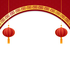 Happy Chinese new year 2023. Chinese new year banner with circle for show product. Greeting card. China frame with lantern on red background.