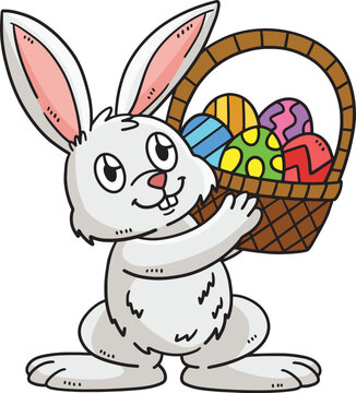 Bunny and Basket of Easter Eggs Cartoon Clipart