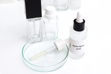 Alpha lipoic acid in a bottle, chemical ingredient in beauty product