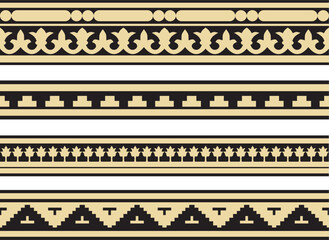 Vector set of gold and black seamless classic byzantine ornament. Endless border, Ancient Greece, Eastern Roman Empire frame. Decoration of the Russian Orthodox Church.. - obrazy, fototapety, plakaty