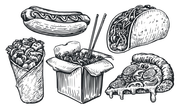 Fast Food set sketch. Wok noodles, pizza, tacos, hot dog, kebab. Street food or takeaway vintage vector illustration