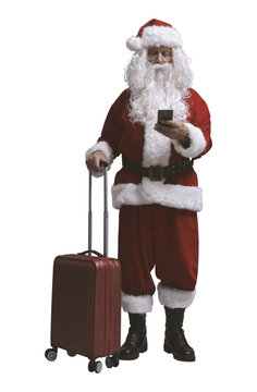 PNG file no background Travelling Santa Claus leaving with a trolley bag