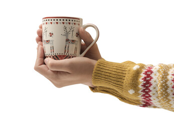 PNG file no background Woman having a hot chocolate in a Christmas cup