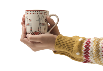 PNG file no background Woman having a hot chocolate in a Christmas cup