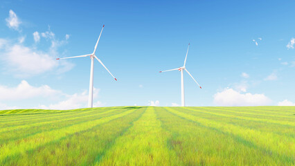 Panoramic view of wind farm or wind park, with high wind turbines for generation electricity with copy space. green energy concept. Windmills in the on a beautiful bright day. 3d rendering.