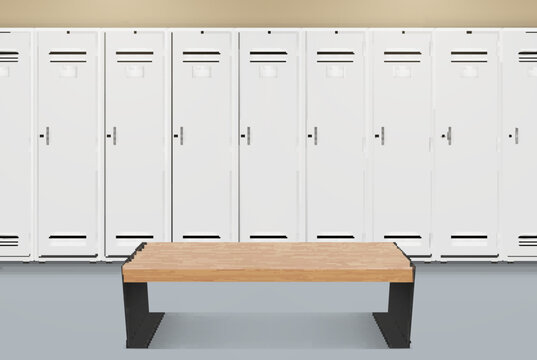 Sports locker room fitness club gym interior with wooden bench realistic vector illustration