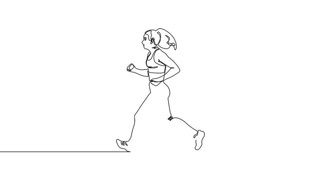 Self drawing simple single continuous one line drawing young running woman.   Handrawn, black line on a white background. Sport and health life style animation.