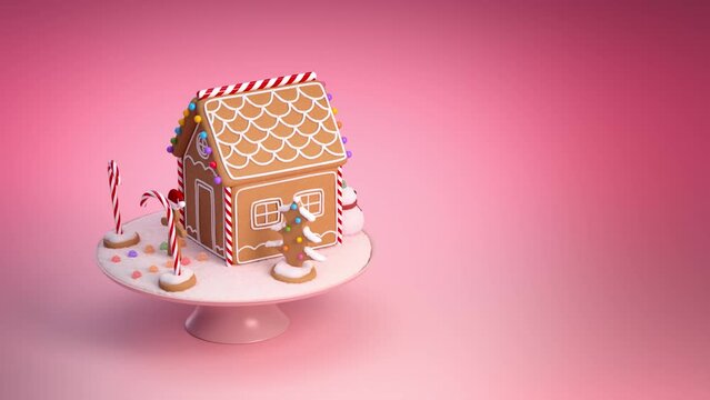 Animated Christmas scene in fixed shot, house and gingerbread trees, with a little snowman _ 3D animation