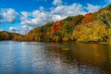 Vivid fall foliage on the Grand River river in Grand Ledge with cloudy sky