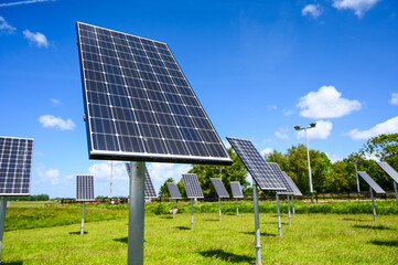 Solar cell plant. Solar energy farm. Solar panels. Producing clean renewable energy from the sun. Photovoltaic solar cells. Producing electricity. 
