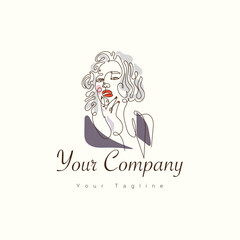 Fototapeta premium Minimal beautiful woman logo and leaf design in elegant line art style logo.