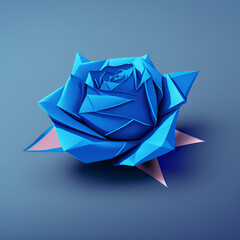 Origami blue rose flower. Paper craft flower blossom. Colorful handmade paper rose on blue background. Design element.