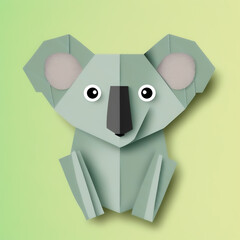 Paper craft koala. Origami koala on green background. Handcraft paper koala. Design element.